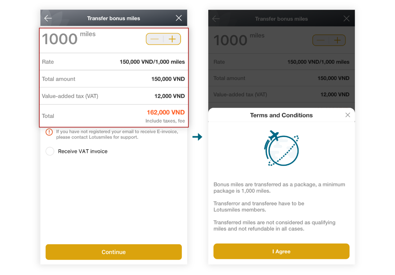 Instructions for transferring bonus miles on the app 4.